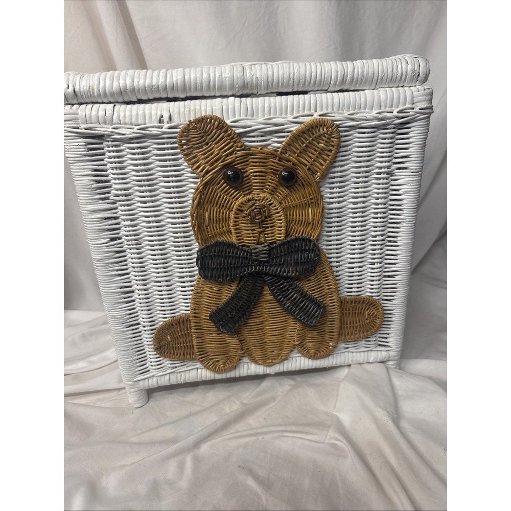 Vintage Wicker Teddy Bear Laundry Basket Toy Box Lid Hamper Baby Cottagecore